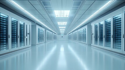 Fototapeta premium Data center server room, rows of server racks, soft blue LED lights, long corridor perspective, high-tech infrastructure, network storage, cloud computing concept.