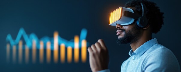 Man Using Virtual Reality Headset Analyzing Data with Digital Graphs in Futuristic Dark Environment