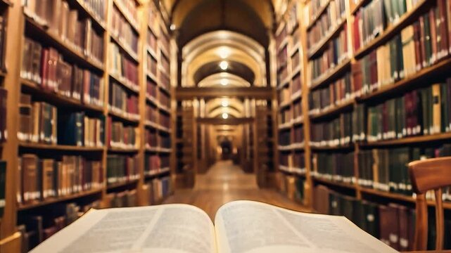 Education learning concept, Book in library with old open textbook, Stack piles of literature text archive on reading desk, Aisle of bookshelves in school study class room background for academic	