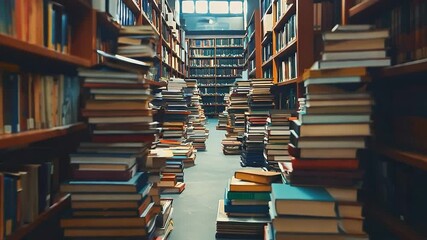 Education learning concept, Book in library with old open textbook, Stack piles of literature text archive on reading desk, Aisle of bookshelves in school study class room background for academic