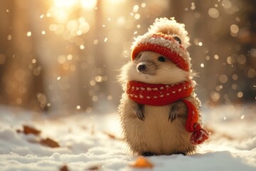 Cute hedgehog wearing knitted hat and scarf stands in snow during beautiful winter snowfall, capturing innocence and wonder of wildlife amidst serene snowy landscapes