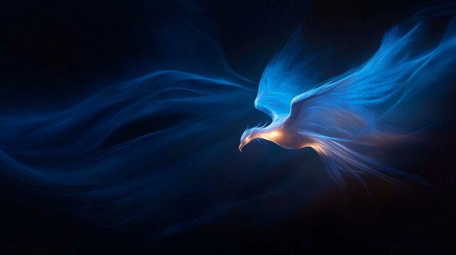 A majestic blue phoenix soaring through a dark, ethereal sky.