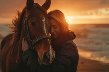 Obraz premium Woman embraces horse on beach during vibrant sunset, symbolizing serenity and bond between humans and animals, capturing moment of peaceful companionship