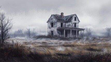 A spooky Halloween illustration of an old, abandoned house in the middle of a desolate field. The house is clearly haunted, with broken windows, a sagging roof, and an overgrown garden that seems to