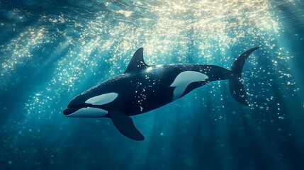 Obraz premium Majestic orca swimming in bright light blue ocean, underwater photography, sunbeams penetrating water surface, air bubbles, clear visibility, graceful marine mammal.