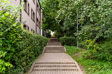 A peaceful pathway lined with greenery leads to a serene area near residential buildings