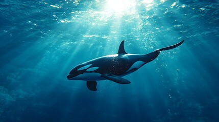 Naklejka premium Majestic orca swimming in bright light blue ocean, underwater photography, sunbeams penetrating water surface, air bubbles, clear visibility, graceful marine mammal.