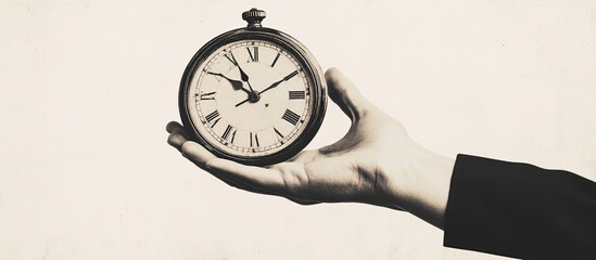 A sepia-toned, retro-style image features a businessperson's hand holding a large vintage pocket watch, emphasizing the concept of time management. 
