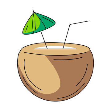 recommend clip art: Coconut cocktail with straw and umbrella, colorful icon. Summer, flat outline image, color illustration. Tropical, exotic drink, summertime. For sticker, coloring book