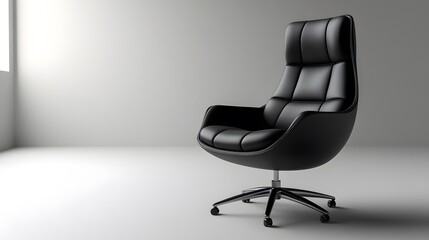 Modern black leather office chair, right-aligned, pure white background,, minimalist design, ergonomic furniture, executive seat, sleek armrests, swivel base with wheels.