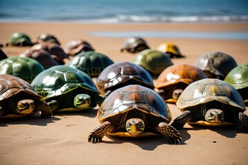 Obraz premium Perspective from Behind of a Group of Turtles in Various Shades of Green, Brown, and Yellow