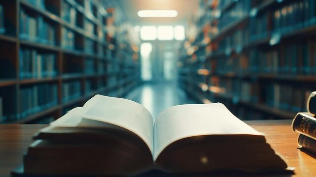 Education learning concept, Book in library with old open textbook, Stack piles of literature text archive on reading desk, Aisle of bookshelves in school study class room background for academic	
