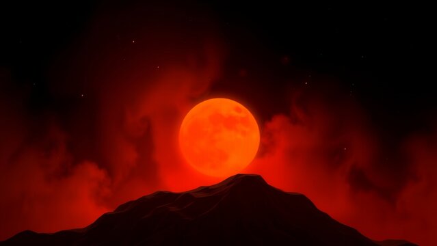 A fiery red moon rises over a dark mountain.