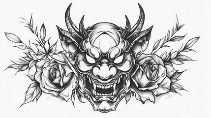 japanese oni mask tribal tatto in black and white illustration design