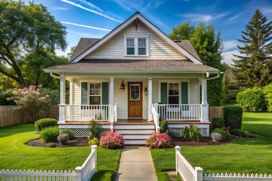 A charming abode with a crisp white exterior, inviting front porch, and lush green yard, perfect for relaxation