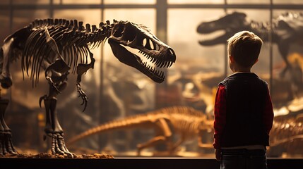 A young boy stands in awe of a Tyrannosaurus Rex skeleton, the dinosaur's imposing form filling the...