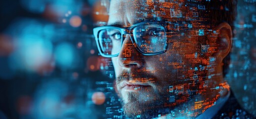 A man with glasses, looking to the side, with digital data overlaying his face.