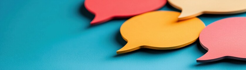 Colorful speech bubbles on a vibrant blue background, perfect for communication and conversation themes.