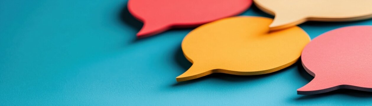 Colorful speech bubbles on a vibrant blue background, perfect for communication and conversation themes.