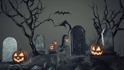 Creepy graveyard with twisted trees and glowing jack-o-lanterns at night