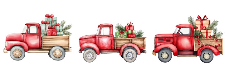 Charming red trucks decorated with gifts and greenery, perfect for holiday themes and festive decorations.