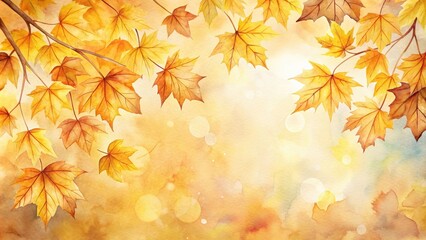 Fototapeta premium Watercolor of golden autumn leaves, watercolor,autumn, golden, leaves, foliage, nature, fall, colorful, artistic, painting