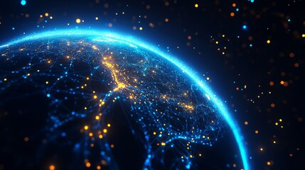 Digitalization of e-Commerce, e-business, Planet Earth seen from space. Global Network Connecting the World. Internet of Things.
