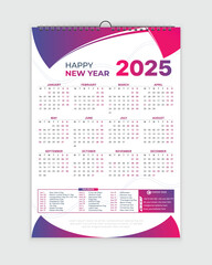 Calendar 2025 design template, wall calendar 2025 year, Week Starts on Monday, Set of 12 Months, Desk calendar, planner simple, poster, printing, advertisement, vertical page, gradient background.