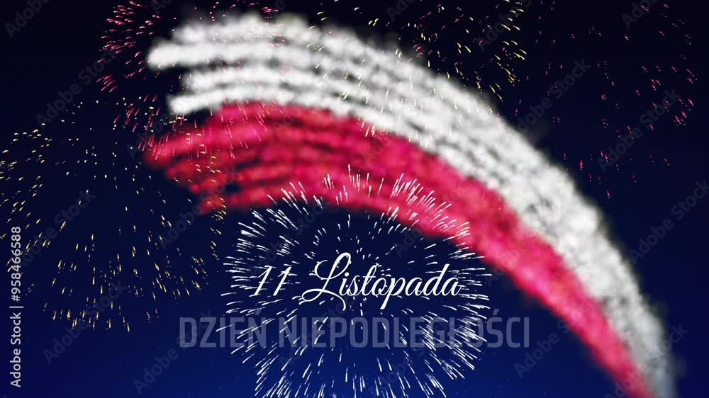 Wall mural november 11, happy poland independence day banner. fireworks polish flag on sky background. animated