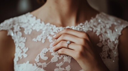 A close-up of the neckline of a wedding dress, with a girl's hand on it and a wedding ring on her ring finger