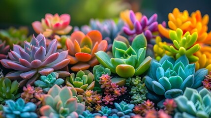 Vibrant colorful succulent plants,macro photography, diverse variety of shapes and textures, rainbow colors, miniature garden, botanical art, lush and dense arrangement.