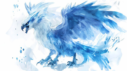 Crystal gryphon watercolor illustration - generative ai. white, blue, gryphon, crystal, wings. Griffin. Illustration