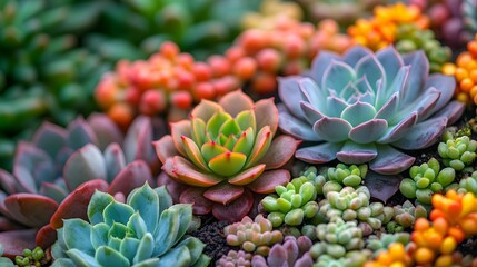 Fototapeta premium Vibrant colorful succulent plants,macro photography, diverse variety of shapes and textures, rainbow colors, miniature garden, botanical art, lush and dense arrangement.