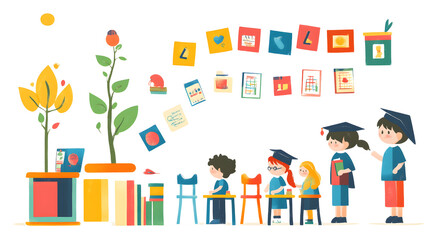 stages of a child's growth alongside their educational development. Start with a young child, depicted as a seedling, absorbing foundational knowledge