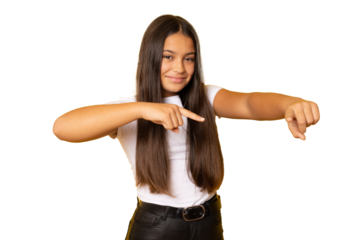 Girl long hair cheerful pointing forward. Child pointing camera isolated transparent background. Kid pointing at you index finger.