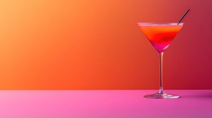 A vibrant cocktail in a martini glass with a straw sits on a colorful pink and orange background - AI Generated Digital Art.