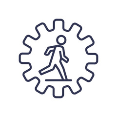 A stick figure walking inside a gear, symbolizing kinesthetic learning through movement and hands-on activities.