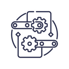 Illustration of gears and conveyor belts symbolizing mass production and automation.