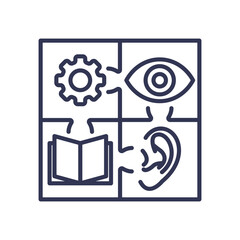 Icons of a gear, eye, book, and ear representing multimodal learning through visual, auditory, and kinesthetic methods.
