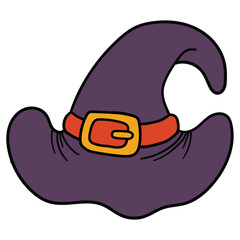 Hand drawn cartoon halloween witch's hat on white background.