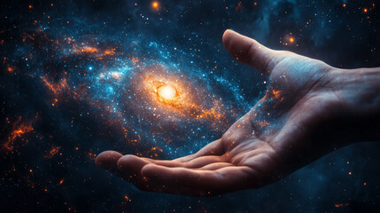 Fototapeta premium Universe shining in hand palm, cosmos galaxy nebula, science exploration concept