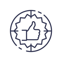 Thumbs up icon within a badge symbolizing quality assurance and approval.