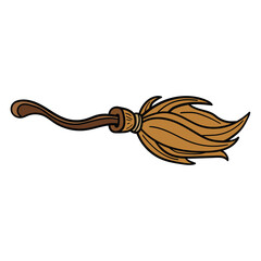 Hand drawn cartoon witch's broom on white background.