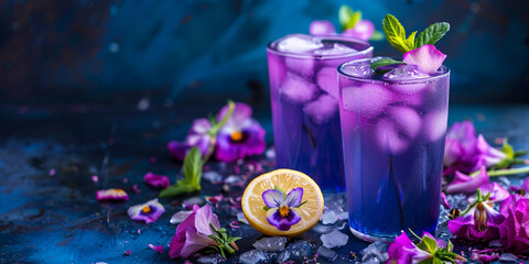 Enticing Purple cocktail summer  with dark purple background 