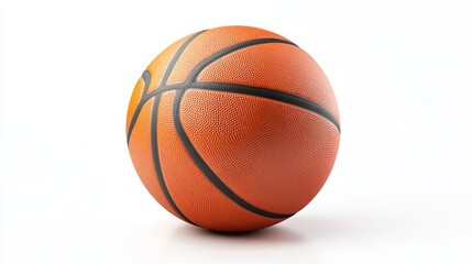 A basketball lies isolated on a pure white backdrop, with a defined clipping path and a complete depth of field, allowing for precise editing and placement. The image captures the iconic orange 