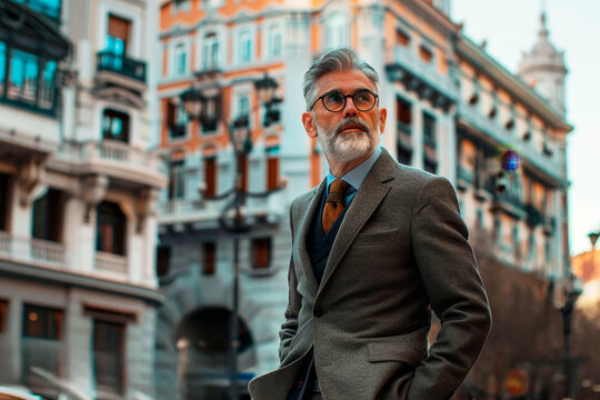 45 old businessman in elegant suit with tiy posing in luxury historic city centre, executive lider of company