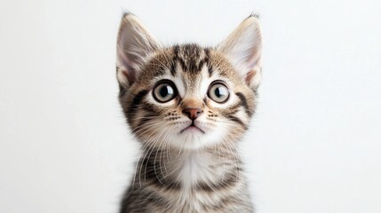 A charming tabby point kitten stands upright, facing the camera. Its curious gaze exudes an air of feistiness as it poses on a pristine white background. 