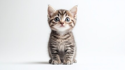Obraz premium A charming tabby point kitten stands upright, facing the camera. Its curious gaze exudes an air of feistiness as it poses on a pristine white background. 