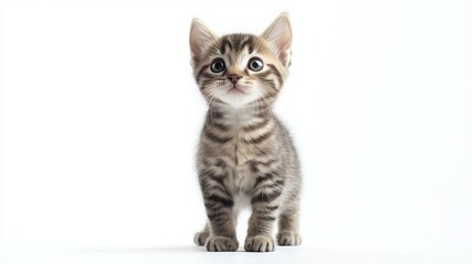 Fototapeta premium A charming tabby point kitten stands upright, facing the camera. Its curious gaze exudes an air of feistiness as it poses on a pristine white background. 