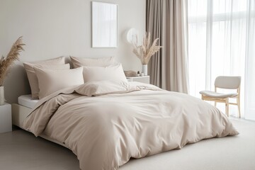 A serene bedroom with neutral tones, featuring a cozy bed and minimalist decor.